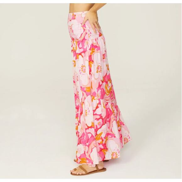 MinkPink Pink Tiered Ruffle Maxi Skirt XS Cottagecore Boho Vacation Full $129 - Picture 2 of 10